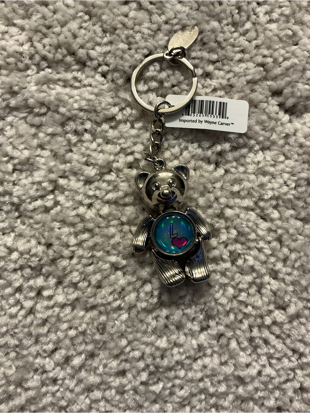 Silver Teddy Bear Keychain with Blue Heart Dial
